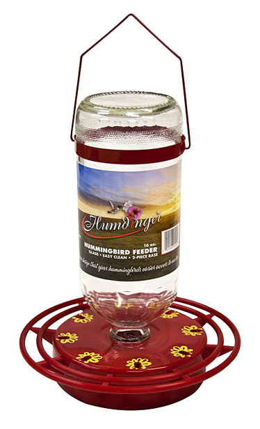 Item #110 – 16oz Easy fill glass container Guaranteed not to drip. Designed to feed ONLY hummingbirds. Red ABS Plastic base (non-metallic) Full ring perch with 8 feeding stations with metal hanger. Case Qty:12