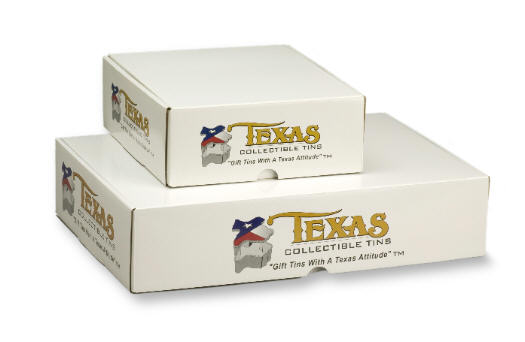 Gift boxes are custom designed for the unique shape of the Texas Tin. Package your tins individually, with products, or send two tins at a time. Small gift boxes hold one tin; large gift boxes hold two.